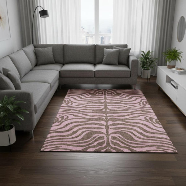 HomeRoots 10' Stylish Brown & Pink Animal Print Washable Area Rug – Durable, UV Protected & Easy Care for Homes! 681821
