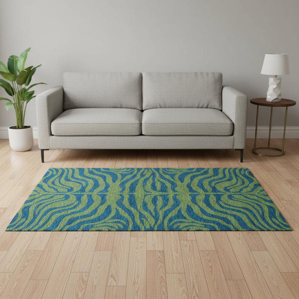 HomeRoots 5' X 8' Stylish Green and Navy Blue Animal Print Area Rug - Washable, UV Protected, Pet Friendly! 681823