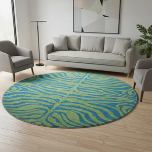 HomeRoots 8' Green And Navy Blue Animal Print Round Rug – Washable, UV-Protected, Perfect for Kids & Pets! 681824