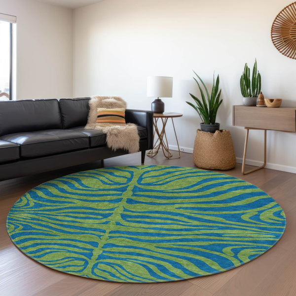 HomeRoots 8' Green And Navy Blue Animal Print Round Rug – Washable, UV-Protected, Perfect for Kids & Pets! 681824