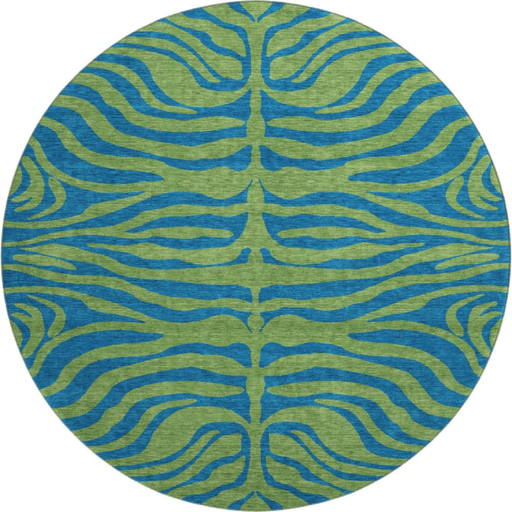 HomeRoots 8' Green And Navy Blue Animal Print Round Rug – Washable, UV-Protected, Perfect for Kids & Pets! 681824