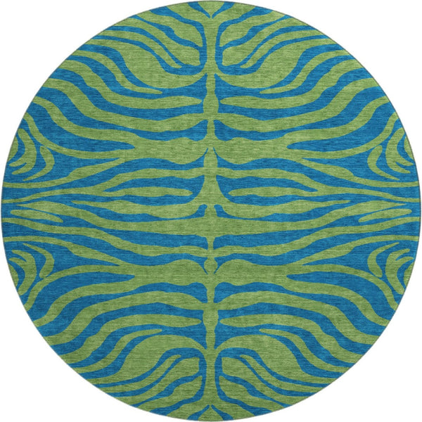 HomeRoots 8' Green And Navy Blue Animal Print Round Rug – Washable, UV-Protected, Perfect for Kids & Pets! 681824