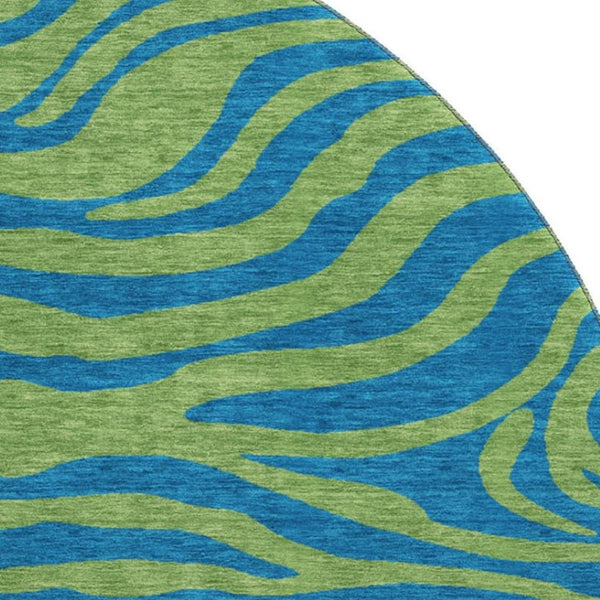 HomeRoots 8' Green And Navy Blue Animal Print Round Rug – Washable, UV-Protected, Perfect for Kids & Pets! 681824
