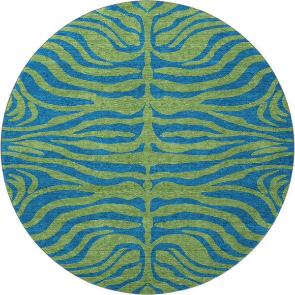 HomeRoots 8' Green And Navy Blue Animal Print Round Rug – Washable, UV-Protected, Perfect for Kids & Pets! 681824