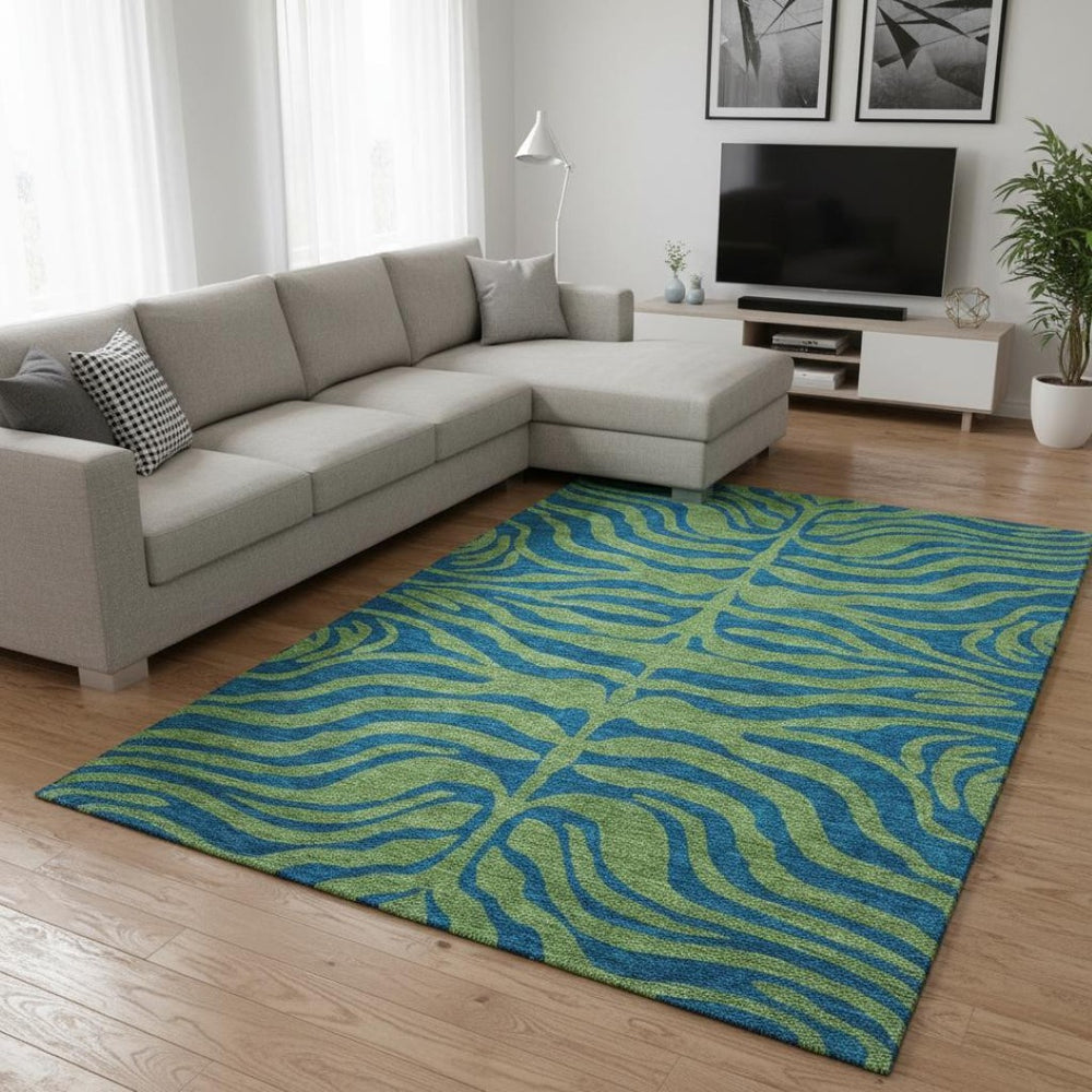 HomeRoots 8' X 10' Green & Navy Blue Animal Print Area Rug - Washable, UV Protected, Durable & Stylish Design 681825