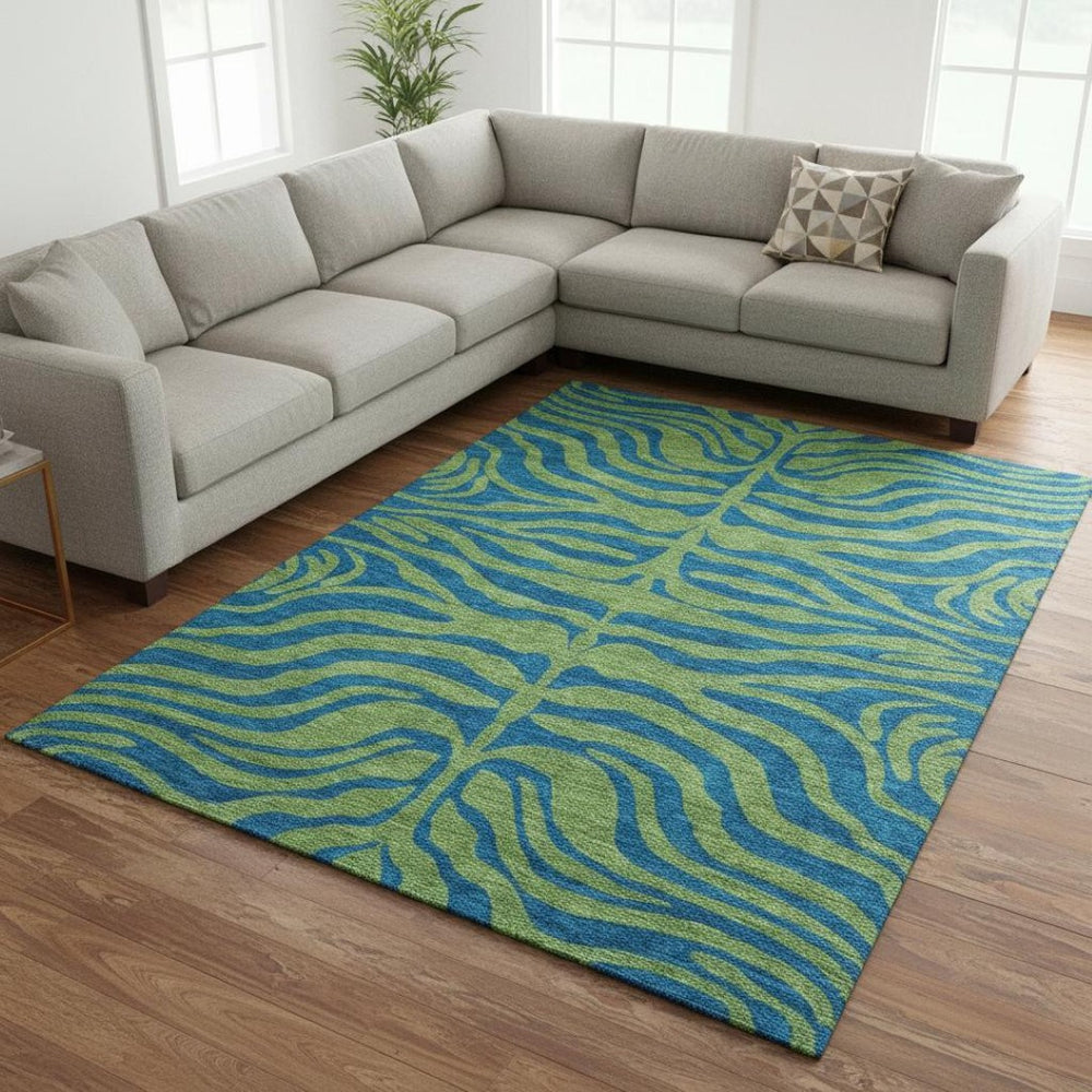 HomeRoots 9' X 12' Washable Green & Navy Blue Animal Print Area Rug with UV Protection for High-Traffic Spaces 681826