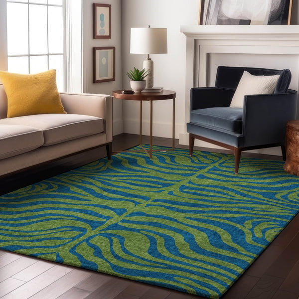 HomeRoots 9' X 12' Washable Green & Navy Blue Animal Print Area Rug with UV Protection for High-Traffic Spaces 681826