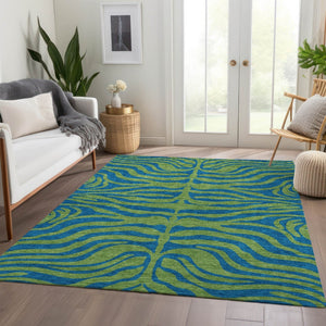 HomeRoots 9' X 12' Washable Green & Navy Blue Animal Print Area Rug with UV Protection for High-Traffic Spaces 681826