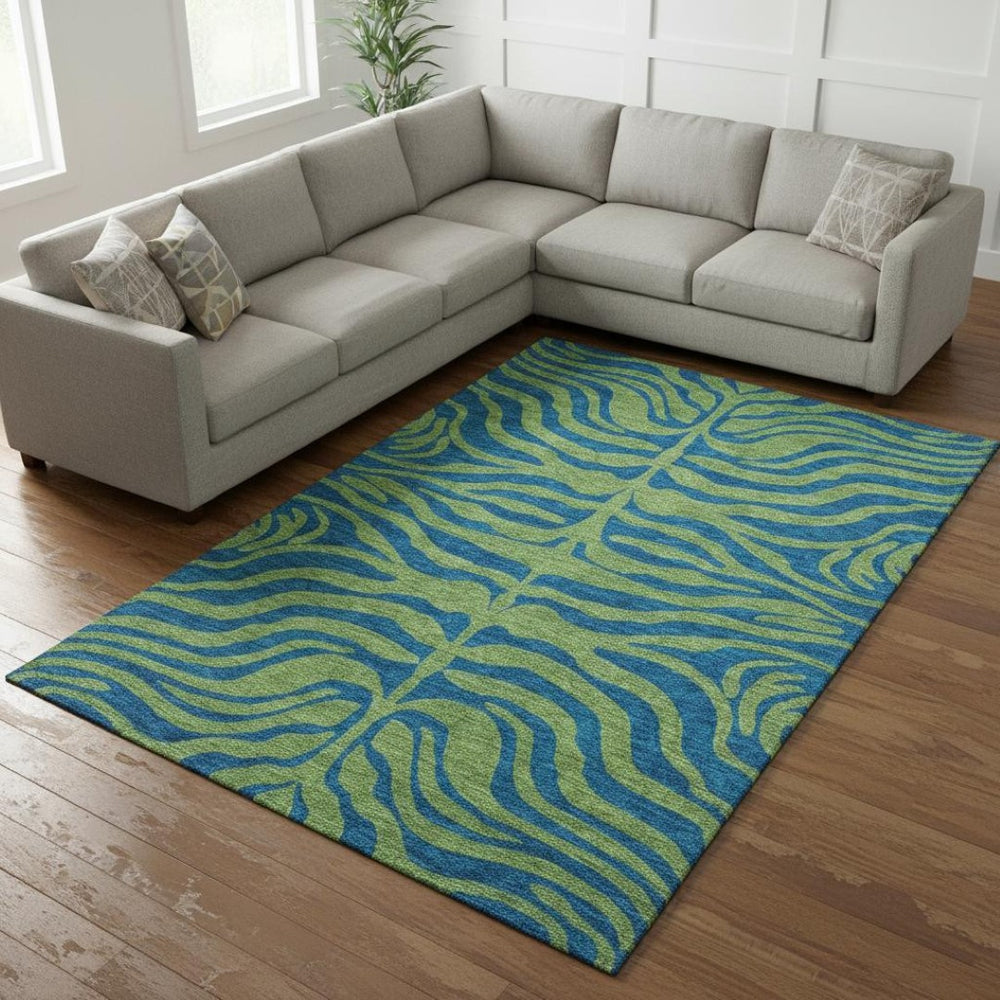 HomeRoots 10' X 14' Washable Green and Navy Blue Animal Print Area Rug with UV Protection for High-Traffic Spaces 681827