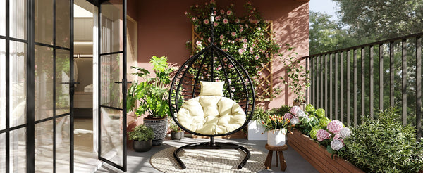 English Elm U_style Wicker Egg Swing Chair with Iron Stand Foldable Hanging Seat for Porch Balcony N711P389502A