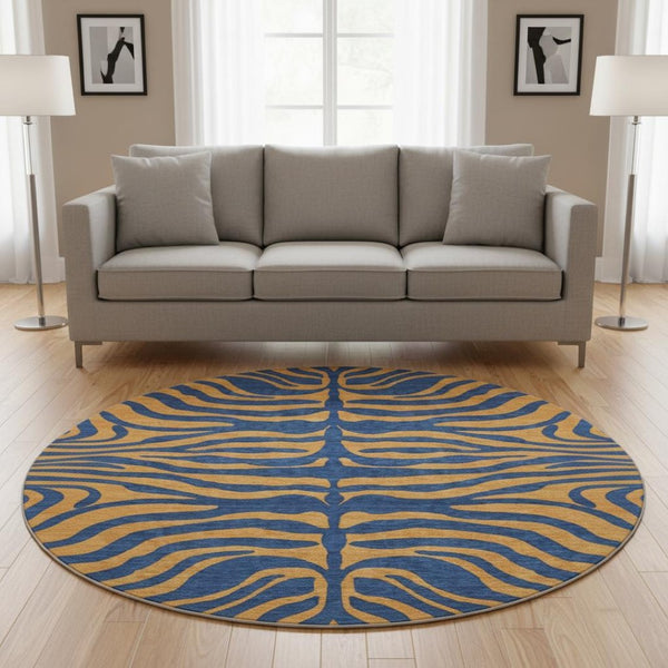 HomeRoots 8' Navy Blue and Orange Animal Print Round Rug - Washable, UV Protected, Durable for Homes & Patios 681830