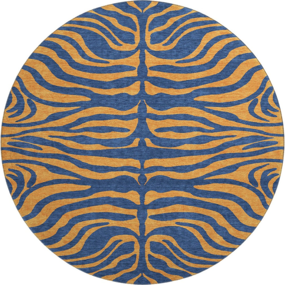 HomeRoots 8' Navy Blue and Orange Animal Print Round Rug - Washable, UV Protected, Durable for Homes & Patios 681830