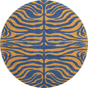 HomeRoots 8' Navy Blue and Orange Animal Print Round Rug - Washable, UV Protected, Durable for Homes & Patios 681830