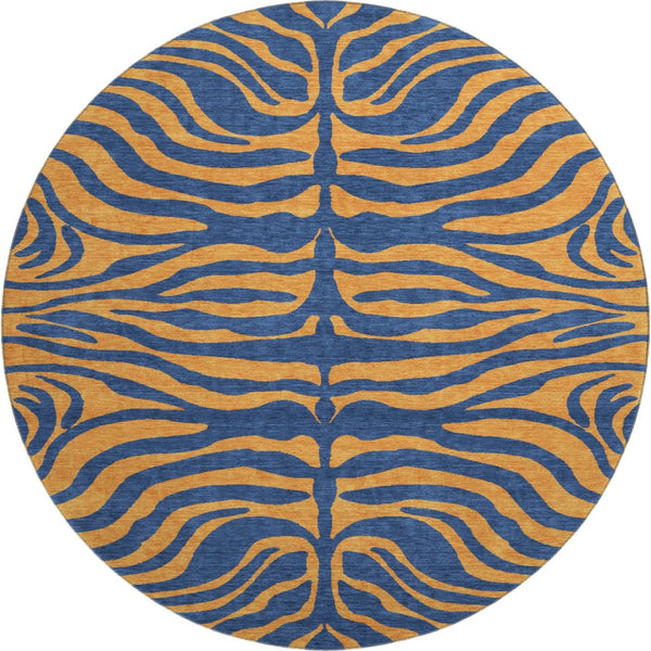 HomeRoots 8' Navy Blue and Orange Animal Print Round Rug - Washable, UV Protected, Durable for Homes & Patios 681830