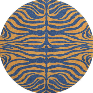 HomeRoots 8' Navy Blue and Orange Animal Print Round Rug - Washable, UV Protected, Durable for Homes & Patios 681830