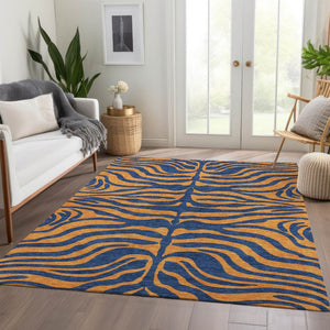 HomeRoots 8' X 10' Navy Blue & Orange Animal Print Washable Area Rug - Stylish, Durable & UV Protected Design 681831