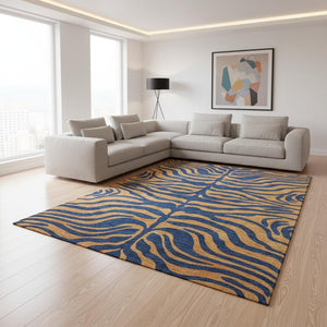 HomeRoots 9' X 12' Navy Blue & Orange Animal Print Area Rug - Washable, UV Protected, Stain Resistant Design 681832