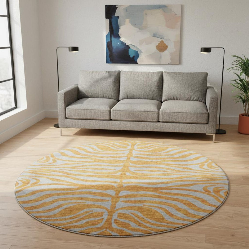 HomeRoots 8' Vibrant Orange and Gray Animal Print Round Rug - Washable, Stain-Resistant, UV Protected Design! 681836