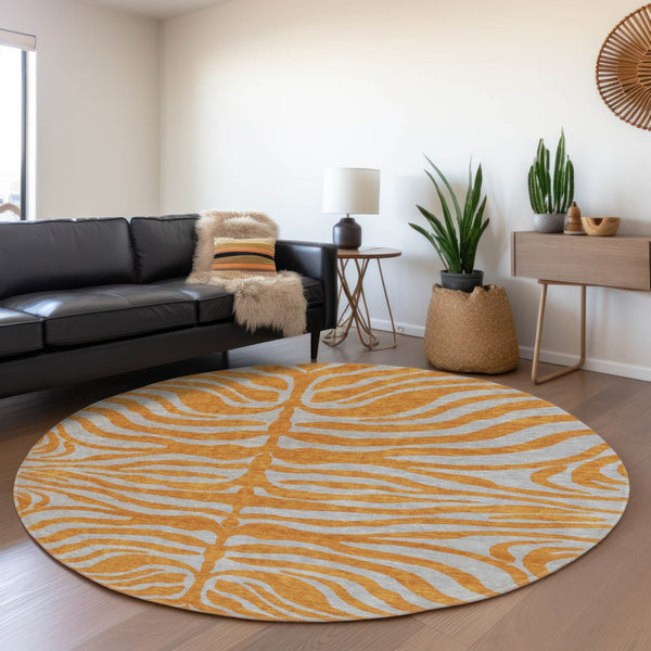HomeRoots 8' Vibrant Orange and Gray Animal Print Round Rug - Washable, Stain-Resistant, UV Protected Design! 681836