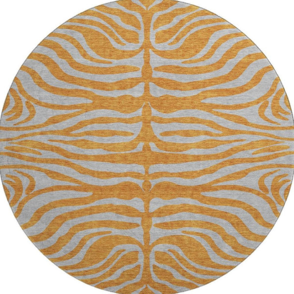 HomeRoots 8' Vibrant Orange and Gray Animal Print Round Rug - Washable, Stain-Resistant, UV Protected Design! 681836