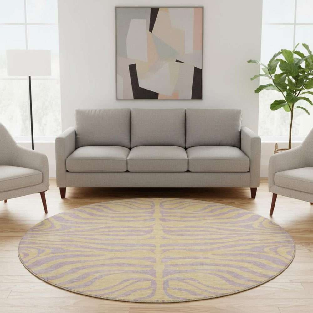 HomeRoots 8' Washable Peach and Lavender Animal Print Round Rug with UV Protection for Stylish Spaces 681842