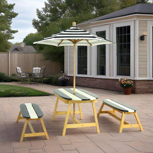 English Elm Naturally Kids Picnic Table with Umbrella - Blue/White Stripe Poplar Wood Set, Indoor Outdoor Fun W495P316196