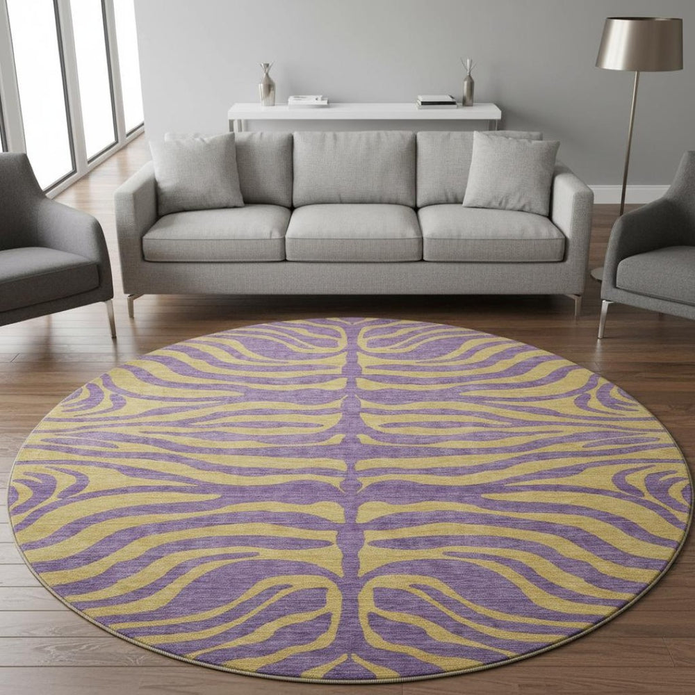HomeRoots 8' Vibrant Purple and Peach Animal Print Washable Round Rug with UV Protection for Easy Care 681854
