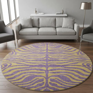 HomeRoots 8' Vibrant Purple and Peach Animal Print Washable Round Rug with UV Protection for Easy Care 681854
