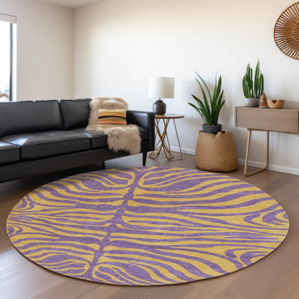 HomeRoots 8' Vibrant Purple and Peach Animal Print Washable Round Rug with UV Protection for Easy Care 681854