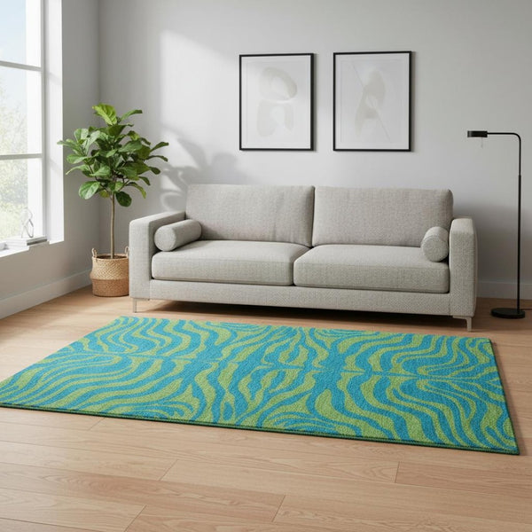 HomeRoots 5' X 8' Teal & Lime Green Animal Print Area Rug - Durable, Washable, UV Protected for Busy Homes 681859