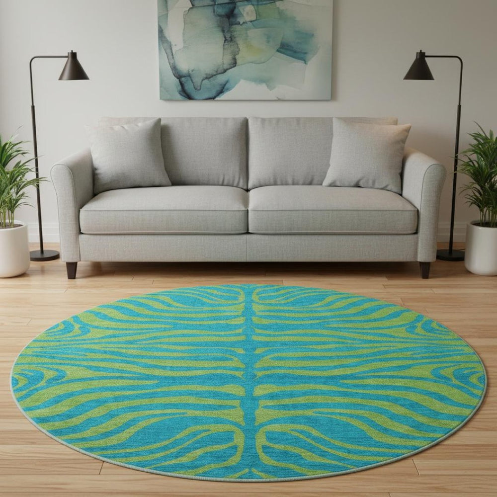 HomeRoots 8' Teal and Lime Green Animal Print Round Rug – Washable, UV-Protected, Ideal for High-Traffic Areas 681860