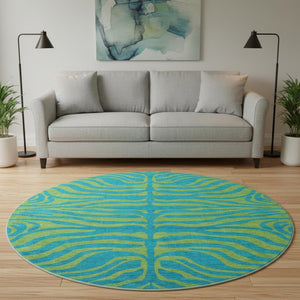 HomeRoots 8' Teal and Lime Green Animal Print Round Rug – Washable, UV-Protected, Ideal for High-Traffic Areas 681860