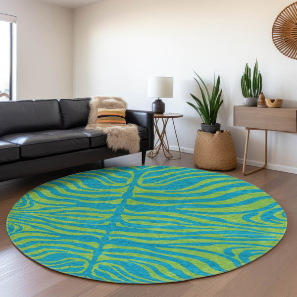 HomeRoots 8' Teal and Lime Green Animal Print Round Rug – Washable, UV-Protected, Ideal for High-Traffic Areas 681860