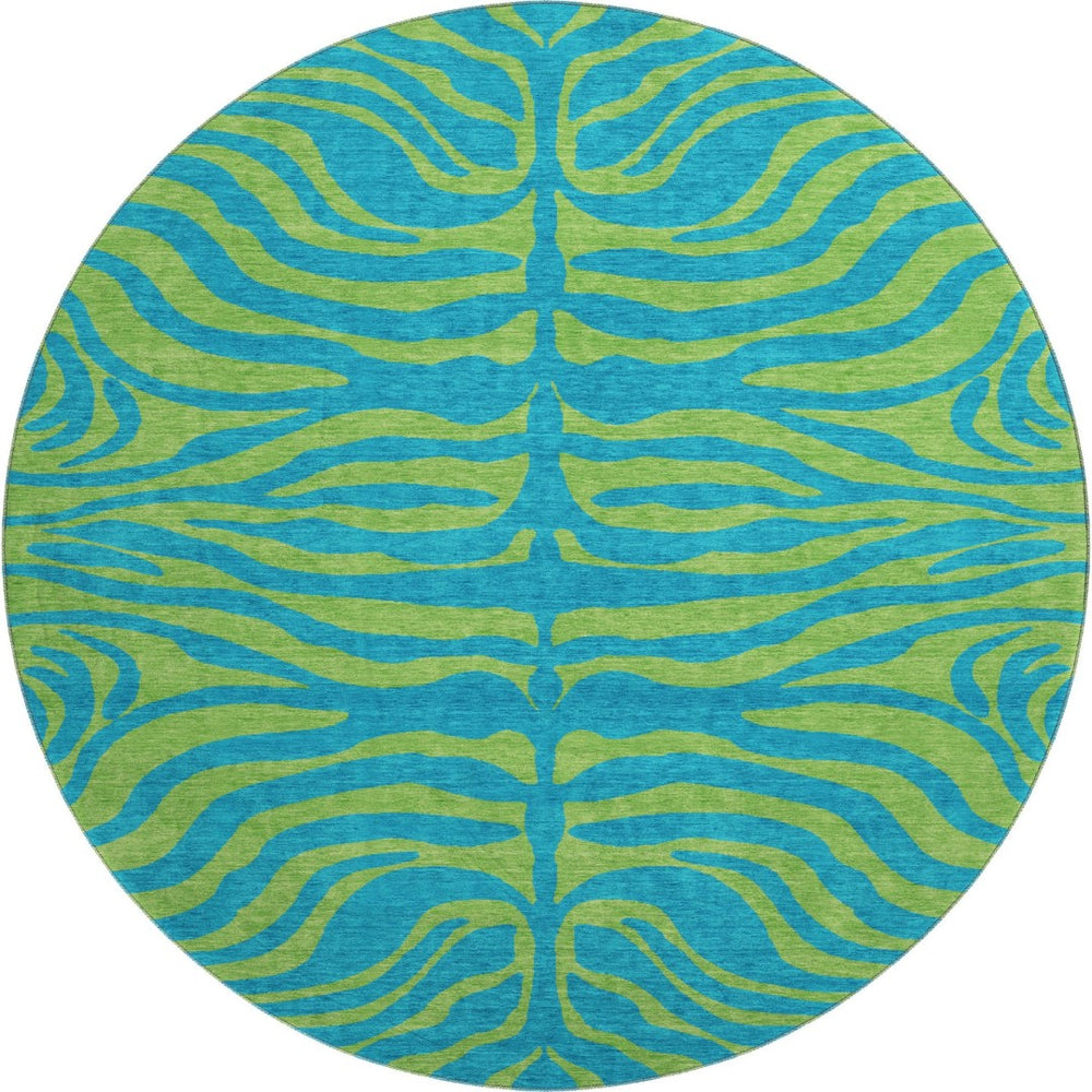 HomeRoots 8' Teal and Lime Green Animal Print Round Rug – Washable, UV-Protected, Ideal for High-Traffic Areas 681860