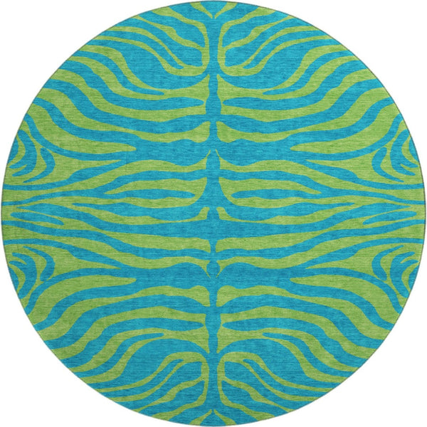 HomeRoots 8' Teal and Lime Green Animal Print Round Rug – Washable, UV-Protected, Ideal for High-Traffic Areas 681860