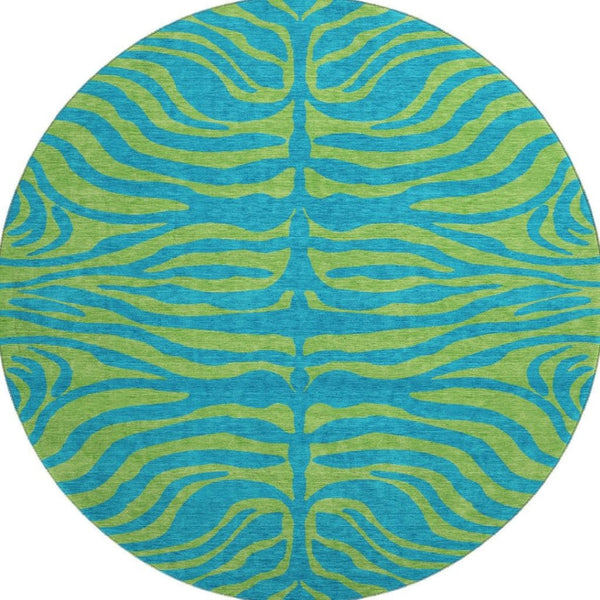 HomeRoots 8' Teal and Lime Green Animal Print Round Rug – Washable, UV-Protected, Ideal for High-Traffic Areas 681860