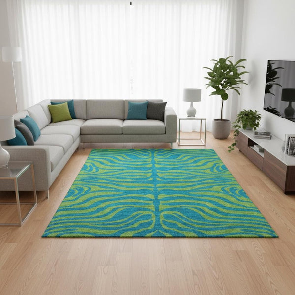 HomeRoots 8' X 10' Vibrant Teal & Lime Green Animal Print Area Rug - Washable, UV Protected & Durable Design 681861