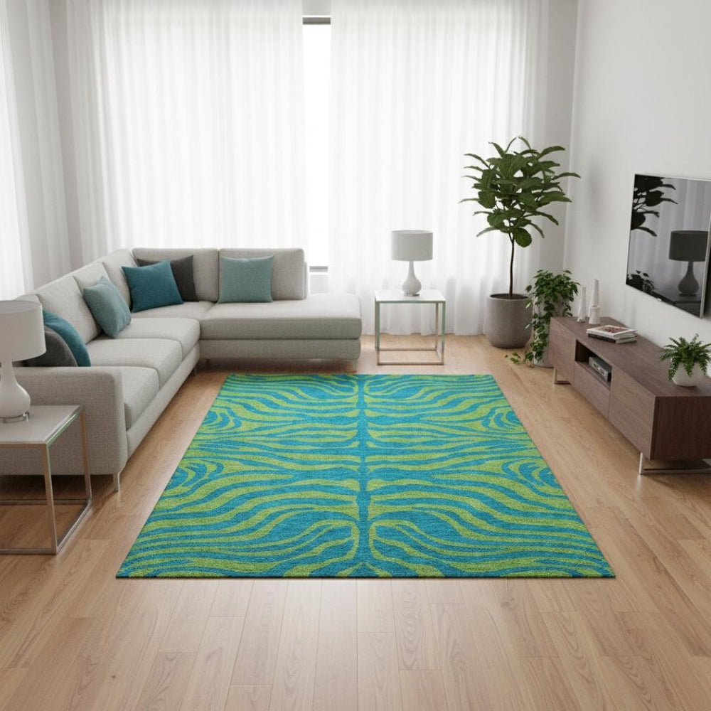 HomeRoots 9' X 12' Vibrant Teal & Lime Green Animal Print Area Rug - Washable, UV-Protected, Stylish & Durable 681862