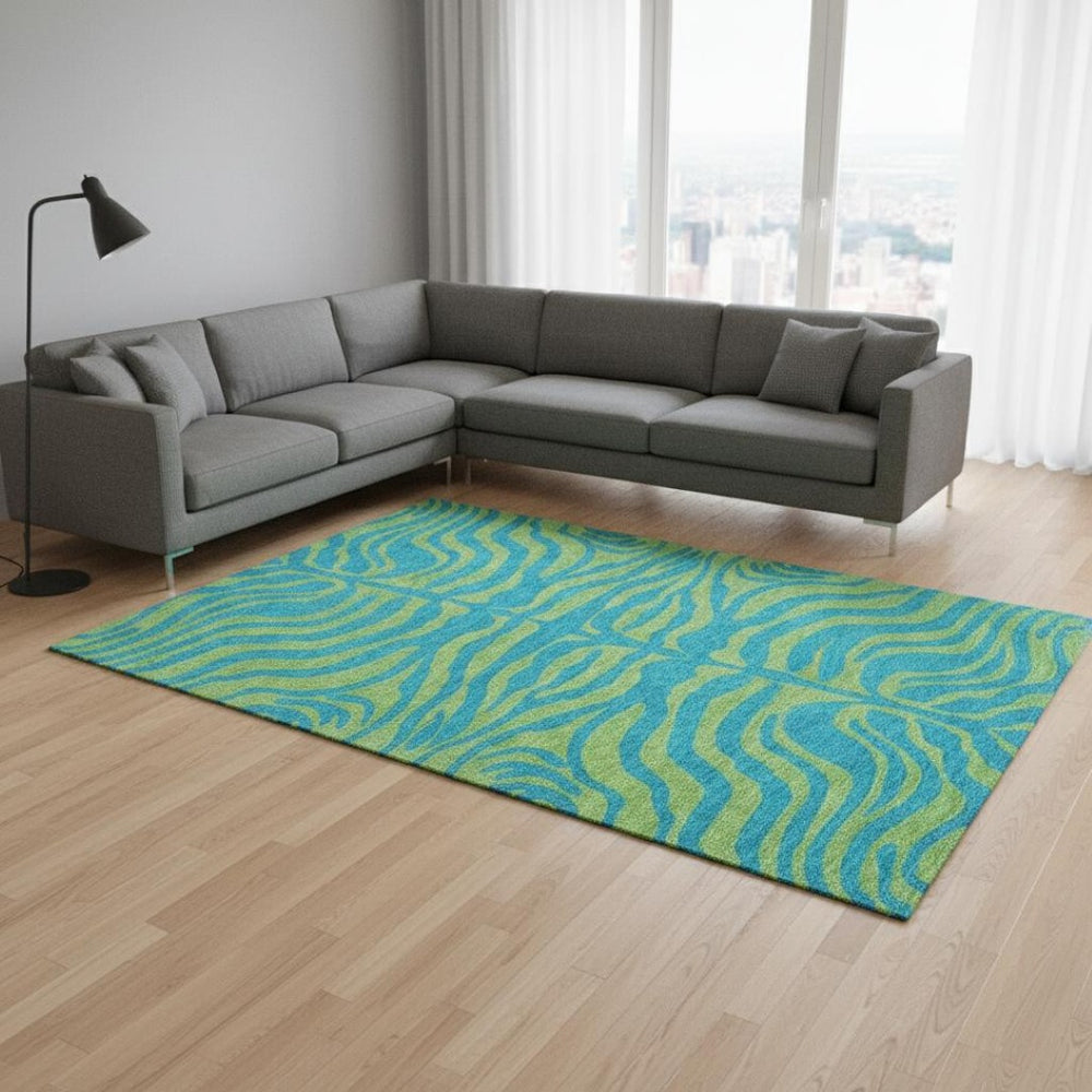 HomeRoots 10' X 14' Teal & Lime Green Animal Print Rug - Washable, UV-Protected, Durable for Homes with Kids & Pets 681863