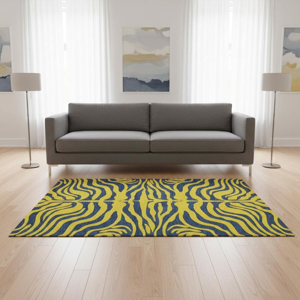 HomeRoots 5' X 8' Vibrant Yellow and Navy Blue Animal Print Rug – Washable, UV-Protected, Stain-Resistant Design 681865