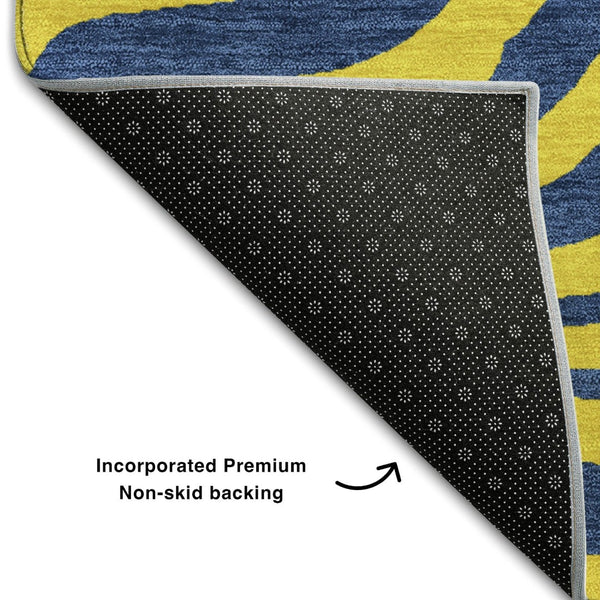 HomeRoots 5' X 8' Vibrant Yellow and Navy Blue Animal Print Rug – Washable, UV-Protected, Stain-Resistant Design 681865