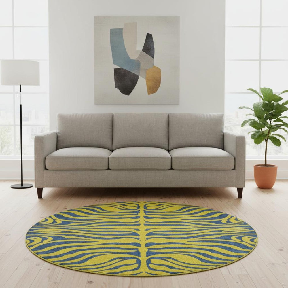 HomeRoots 8' Washable Yellow and Navy Blue Animal Print Round Rug with UV Protection for Modern Spaces 681866