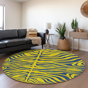 HomeRoots 8' Washable Yellow and Navy Blue Animal Print Round Rug with UV Protection for Modern Spaces 681866