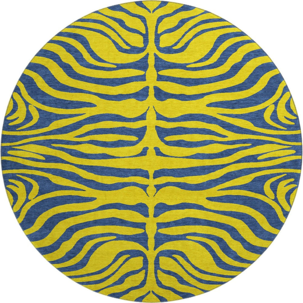 HomeRoots 8' Washable Yellow and Navy Blue Animal Print Round Rug with UV Protection for Modern Spaces 681866