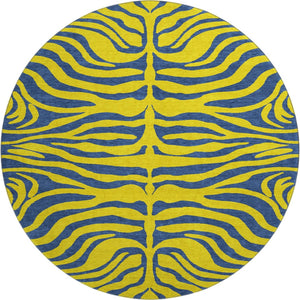 HomeRoots 8' Washable Yellow and Navy Blue Animal Print Round Rug with UV Protection for Modern Spaces 681866