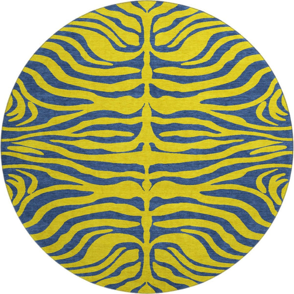 HomeRoots 8' Washable Yellow and Navy Blue Animal Print Round Rug with UV Protection for Modern Spaces 681866