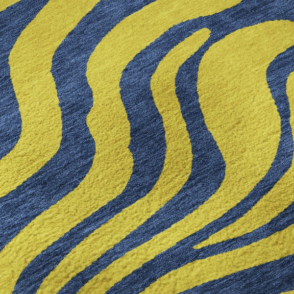 HomeRoots 8' Washable Yellow and Navy Blue Animal Print Round Rug with UV Protection for Modern Spaces 681866