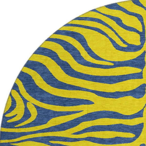 HomeRoots 8' Washable Yellow and Navy Blue Animal Print Round Rug with UV Protection for Modern Spaces 681866