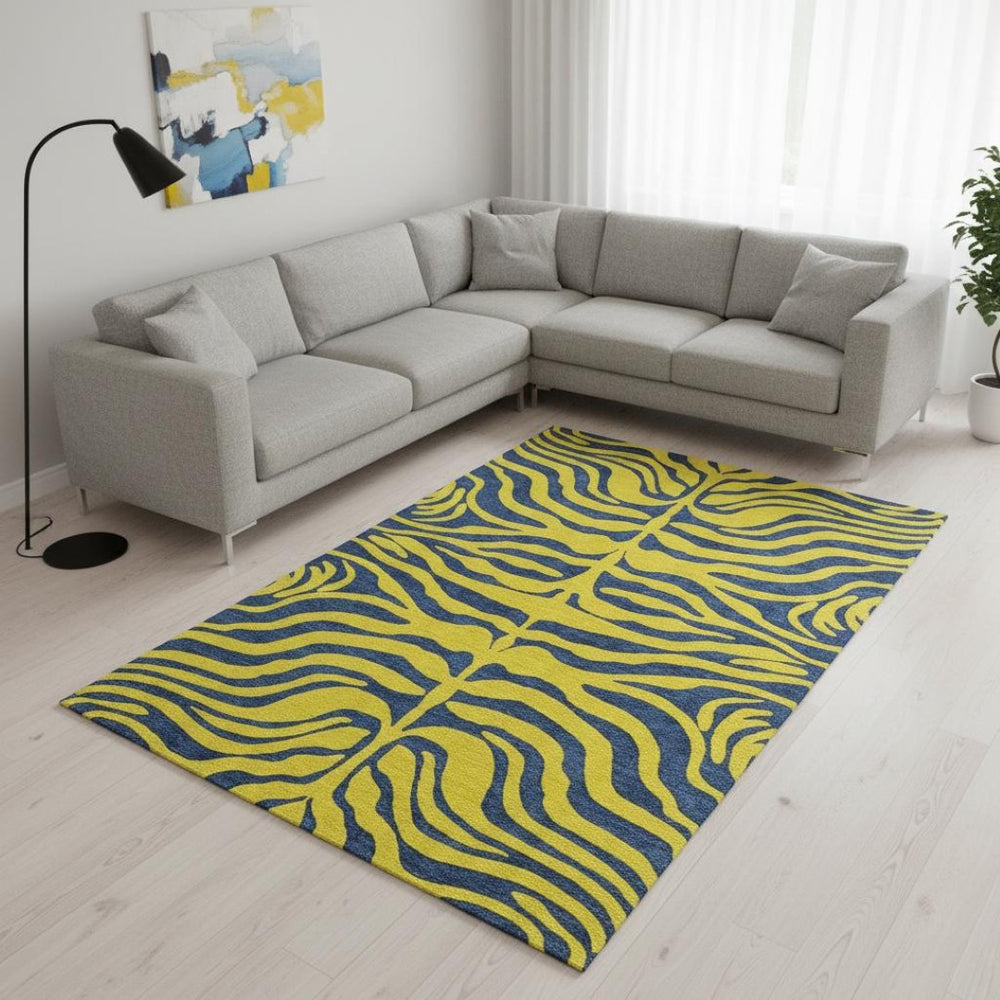 HomeRoots 8' X 10' Washable Yellow & Navy Animal Print Area Rug with UV Protection for Homes with Kids & Pets 681867