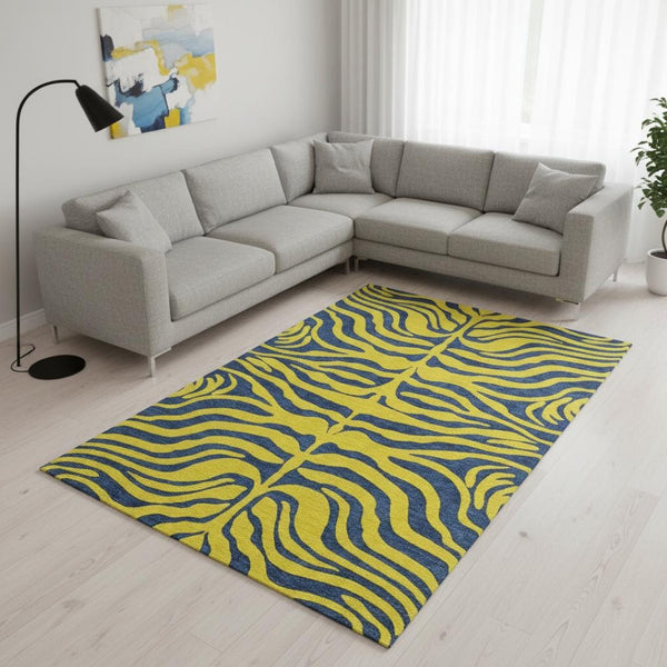 HomeRoots 8' X 10' Washable Yellow & Navy Animal Print Area Rug with UV Protection for Homes with Kids & Pets 681867